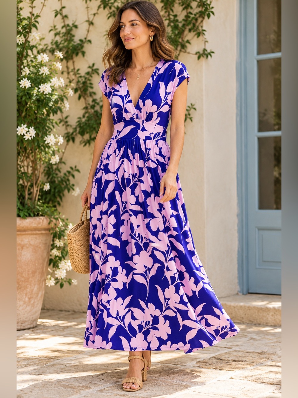Boden Vanessa Wrap Jersey Maxi Dress Blue Pink Floral US 10R